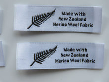 Load image into Gallery viewer, 10 Fern symbol White Made with NZ Merino wool fabric woven labels 50 x 15mm