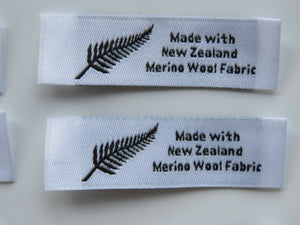 20 Fern symbol White Made with NZ Merino wool fabric woven labels 50 x 15mm