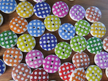 Load image into Gallery viewer, 10 Mixed Colour White spots Print 15mm buttons- white back 2 holes