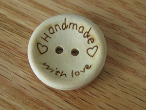 10 Larger 25mm Handmade  with Love and Hearts wood look buttons