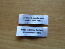 Load image into Gallery viewer, 25 White &quot;Made with New Zealand Merino Wool Fabric&quot; Woven labels 50mm x 10mm