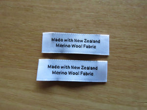 25 White "Made with New Zealand Merino Wool Fabric" Woven labels 50mm x 10mm