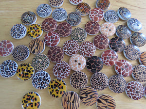10 Mixed Print Zebra Tiger Leopard Giraffe Buttons 15mm