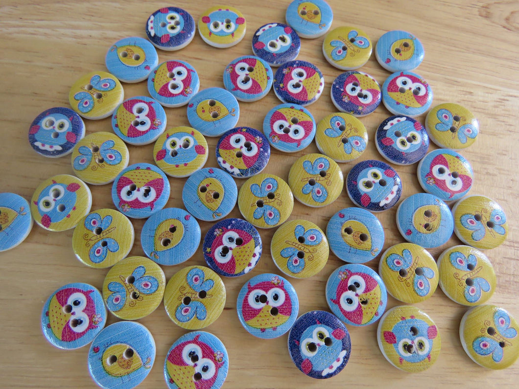 10 Yellow and Blue Owl Butterfly and Bird Mixed print buttons 15mm