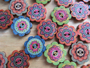 52 Retro Mosaic Flower Shape Wood like Buttons 20mm diameter