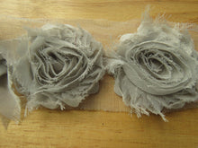 Load image into Gallery viewer, 3 Silver Grey chiffon shabby chic flowers approx. 60mm in diameter on mesh back