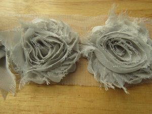3 Silver Grey chiffon shabby chic flowers approx. 60mm in diameter on mesh back