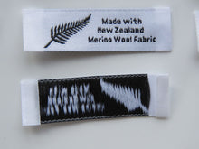 Load image into Gallery viewer, 10 Fern symbol White Made with NZ Merino wool fabric woven labels 50 x 15mm