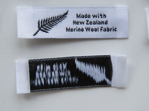 10 Fern symbol White Made with NZ Merino wool fabric woven labels 50 x 15mm