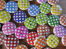 Load image into Gallery viewer, 10 Mixed Colour White spots Print 15mm buttons- white back 2 holes