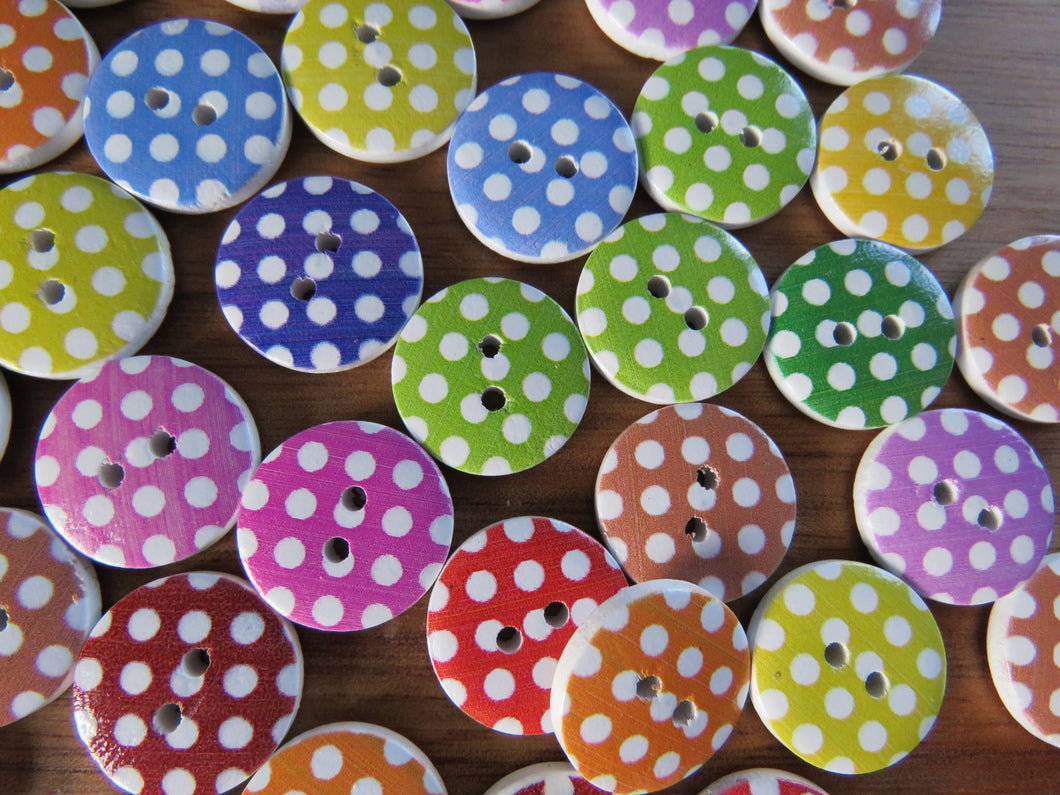 10 Mixed Colour White spots Print 15mm buttons- white back 2 holes