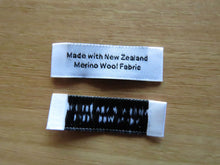 Load image into Gallery viewer, 25 White &quot;Made with New Zealand Merino Wool Fabric&quot; Woven labels 50mm x 10mm