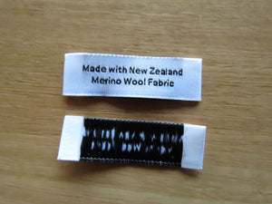 25 White "Made with New Zealand Merino Wool Fabric" Woven labels 50mm x 10mm