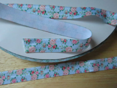 1m Peach and Pink Roses on Blue fold over elastic 15mm wide foldover FOE