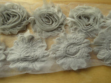 Load image into Gallery viewer, 3 Silver Grey chiffon shabby chic flowers approx. 60mm in diameter on mesh back
