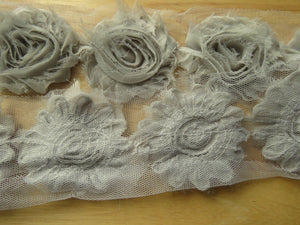 3 Silver Grey chiffon shabby chic flowers approx. 60mm in diameter on mesh back