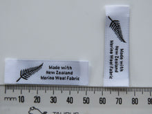 Load image into Gallery viewer, 10 Fern symbol White Made with NZ Merino wool fabric woven labels 50 x 15mm