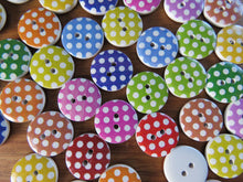 Load image into Gallery viewer, 10 Mixed Colour White spots Print 15mm buttons- white back 2 holes