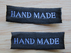 25 30 x 10mm Hand Made in White Font on Black Woven Labels