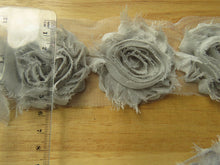 Load image into Gallery viewer, 3 Silver Grey chiffon shabby chic flowers approx. 60mm in diameter on mesh back