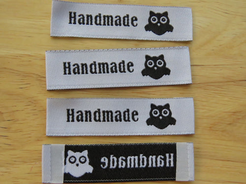 9 Black font Handmade with owl on white woven labels 60 x15mm