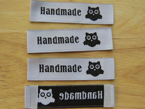 10 Black font Handmade with owl on white woven labels 60 x15mm