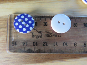 10 Mixed Colour White spots Print 15mm buttons- white back 2 holes