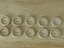 Load image into Gallery viewer, 10 Larger 25mm Handmade  with Love and Hearts wood look buttons