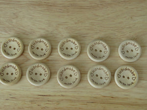 10 Larger 25mm Handmade  with Love and Hearts wood look buttons