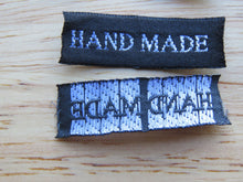 Load image into Gallery viewer, 25 30 x 10mm Hand Made in White Font on Black Woven Labels