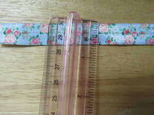 10m Peach and Pink Roses on Blue fold over elastic 15mm wide foldover FOE
