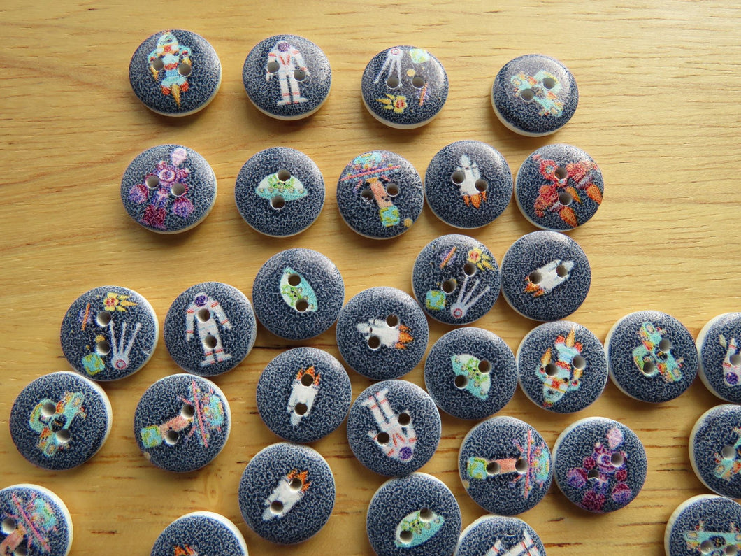 50 Mixed print rocket, spaceship, UFO, space theme 15mm buttons