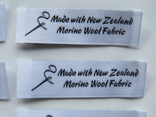 Load image into Gallery viewer, 25 Needle Thread White Made with NZ Merino wool fabric woven labels 50 x 15mm