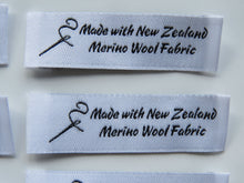 Load image into Gallery viewer, 20 Needle Thread White Made with NZ Merino wool fabric woven labels 50 x 15mm