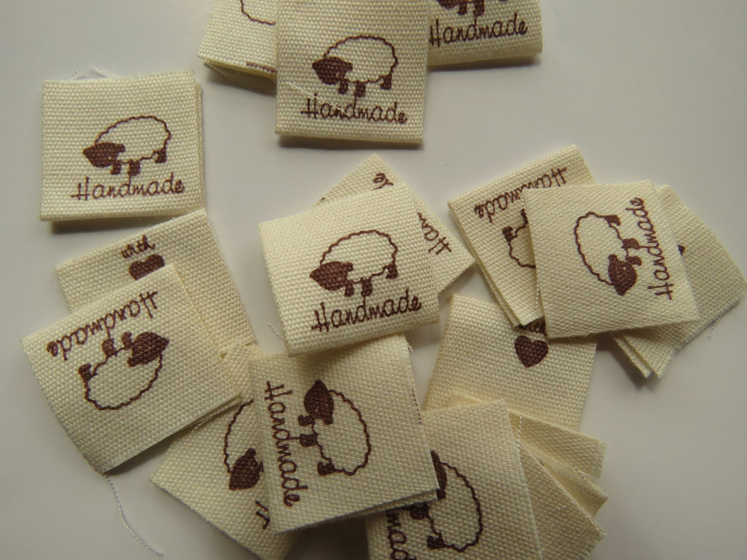 25 Handmade with heart and Sheep Cotton Flag Labels 2 x 2cm folded