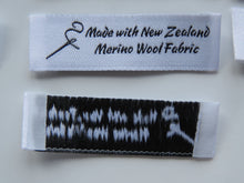 Load image into Gallery viewer, 25 Needle Thread White Made with NZ Merino wool fabric woven labels 50 x 15mm
