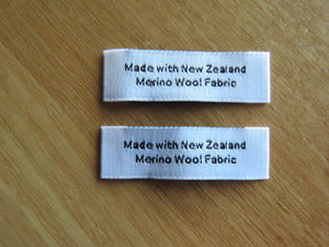 25 White "Made with New Zealand Merino Wool Fabric" Woven labels 50mm x 10mm