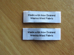 50 White "Made with New Zealand Merino Wool Fabric" Woven labels 50mm x 10mm