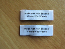 Load image into Gallery viewer, 100 White &quot;Made with New Zealand Merino Wool Fabric&quot; Woven labels 50mm x 10mm