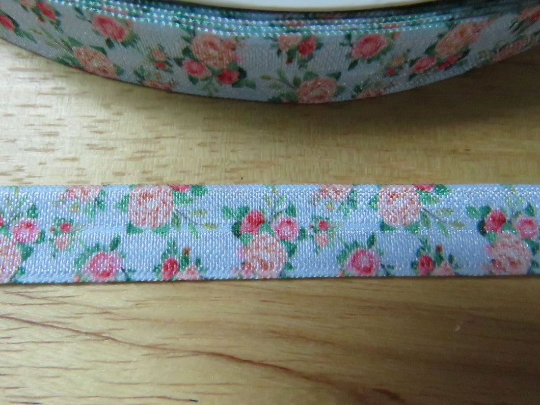 10m Peach and Pink Roses on Blue fold over elastic 15mm wide foldover FOE