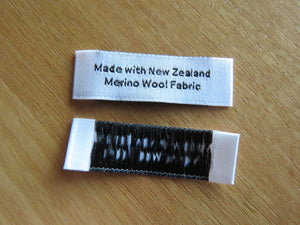 100 White "Made with New Zealand Merino Wool Fabric" Woven labels 50mm x 10mm