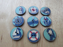 Load image into Gallery viewer, 10 Mixed Nautical Prints- anchor, lifebuoy, yacht etc 25mm buttons