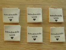 Load image into Gallery viewer, 25 Handmade with Heart cotton flag labels 20x 20mm