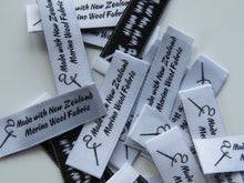 Load image into Gallery viewer, 10 Needle Thread White Made with NZ Merino wool fabric woven labels 50 x 15mm