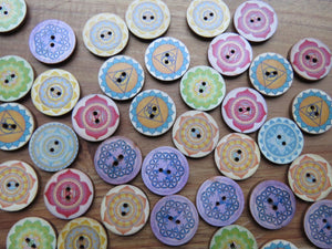 10 x 25mm Mixed Print Retro Wood Buttons- random mix of 10