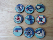 Load image into Gallery viewer, 10 Mixed Nautical Prints- anchor, lifebuoy, yacht etc 25mm buttons