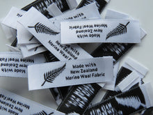 Load image into Gallery viewer, 10 Fern symbol White Made with NZ Merino wool fabric woven labels 50 x 15mm