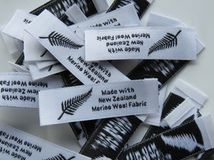 10 Fern symbol White Made with NZ Merino wool fabric woven labels 50 x 15mm
