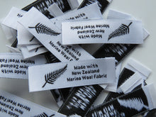 Load image into Gallery viewer, 20 Fern symbol White Made with NZ Merino wool fabric woven labels 50 x 15mm