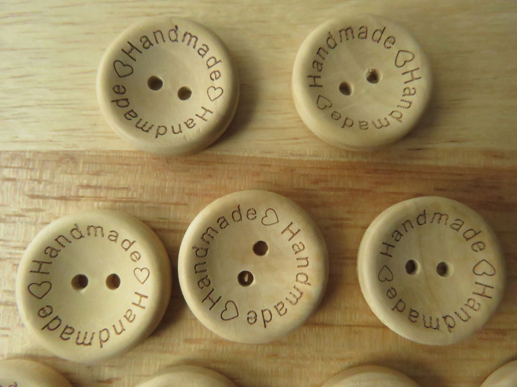 6 Larger 25mm Handmade on circumference and Hearts wood look buttons